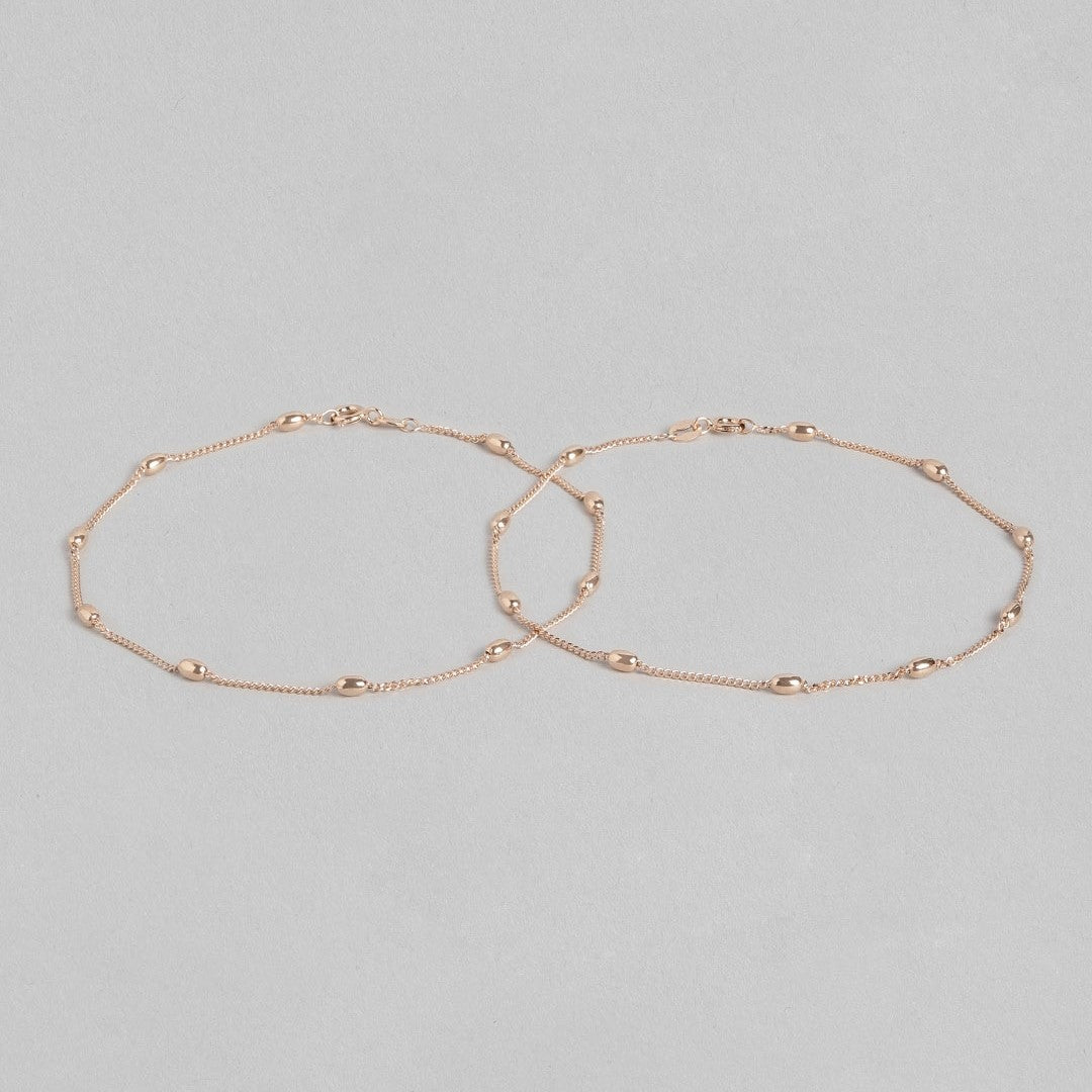 Rose gold beaded 925 Sterling Silver anklet for women showing two delicate overlapping chains – Zavya
