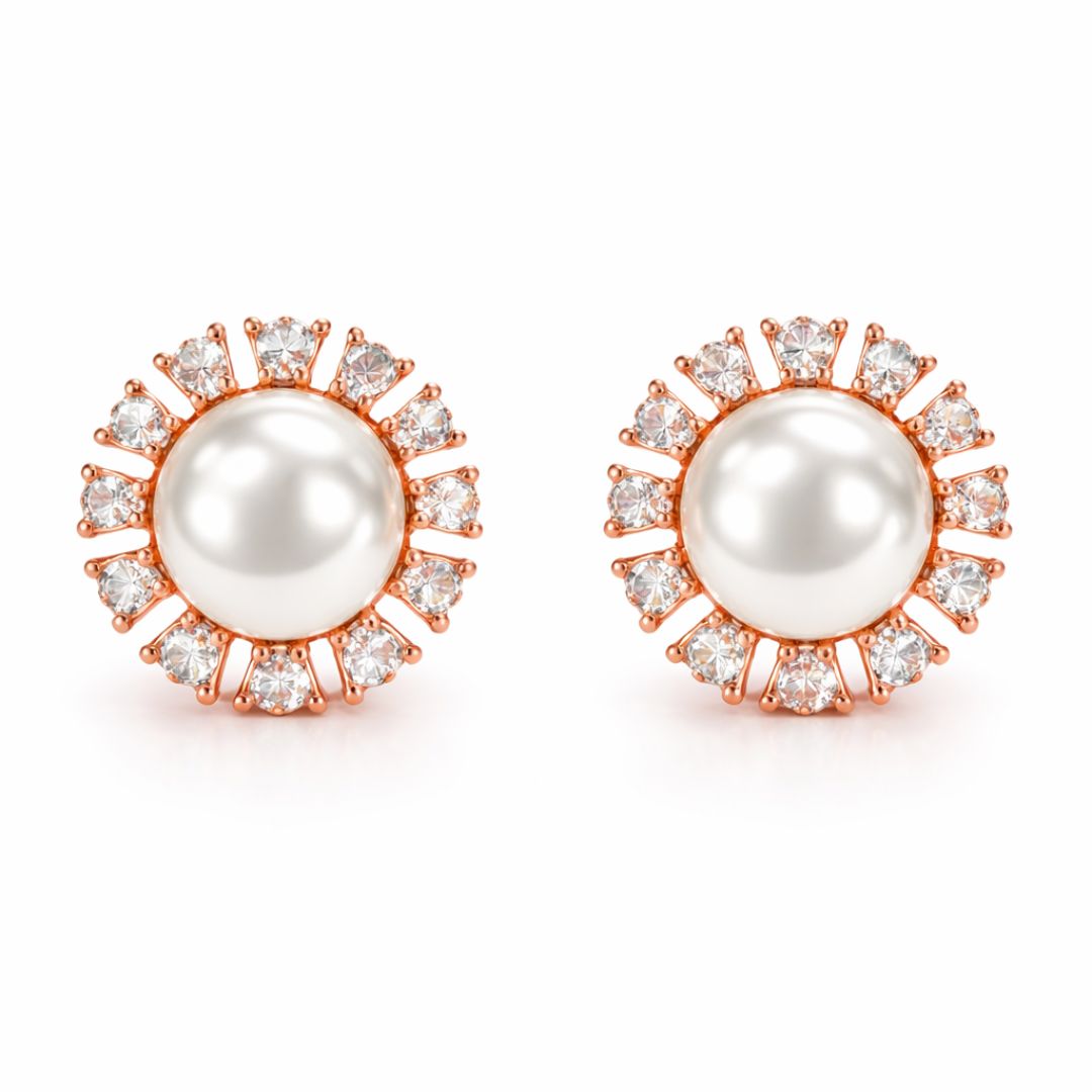 Rose Gold Round Pearl Stud Earrings