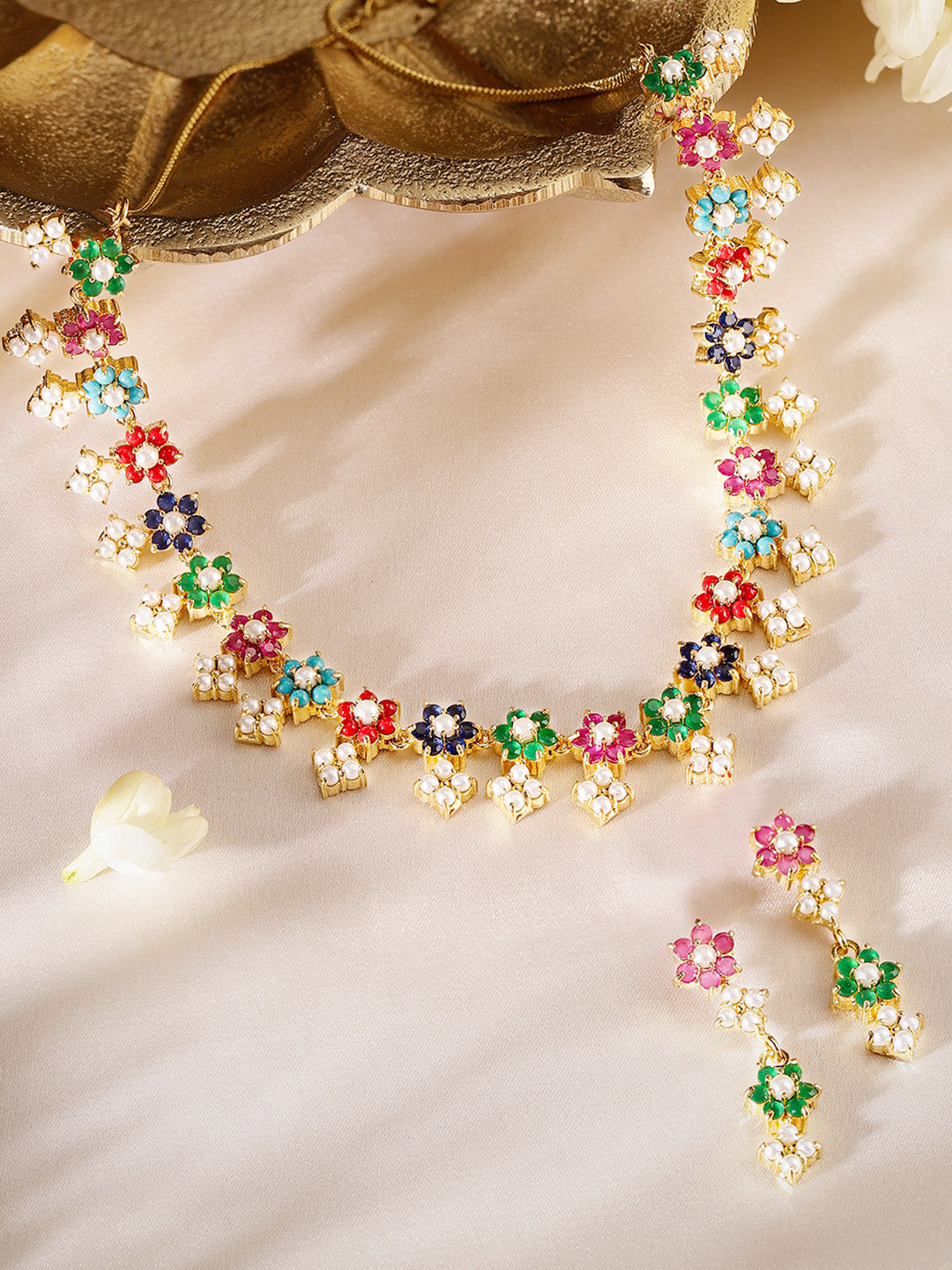 Floral Multicolor Stoned and Pearl Combo Gold Plated Necklace Drop Earrings Jewellery Set