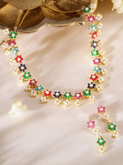 Floral Multicolor Stoned and Pearl Combo Gold Plated Necklace Drop Earrings Jewellery Set