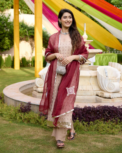 Kriti Beige Bandhani Chanderi Suit Set