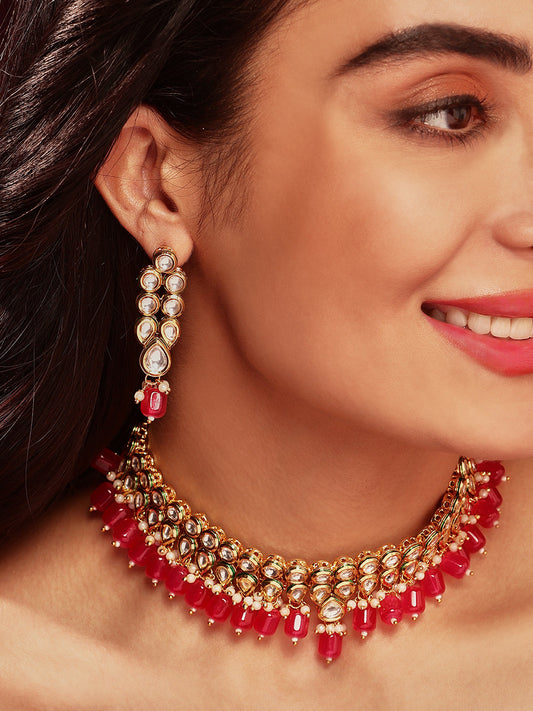 Priyaasi Plain Red Beads Kundan Gold Plated Design with Kundan Earrings Jewellery Set