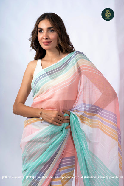 Woven Mul Cotton Handloom Saree - Rainbow Crepe