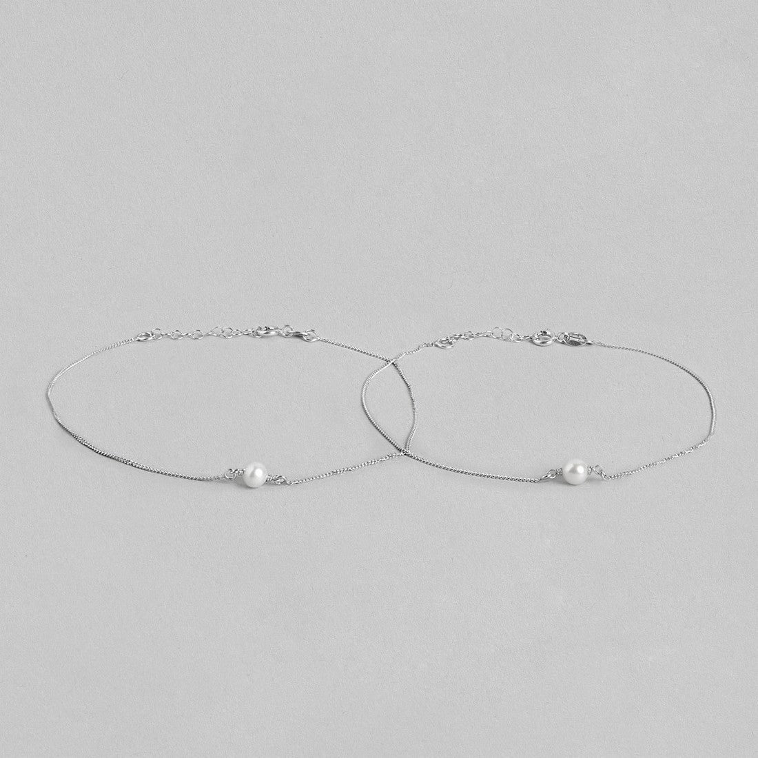 White Pearl Rhodium Plated 925 Sterling Silver Chain Anklet