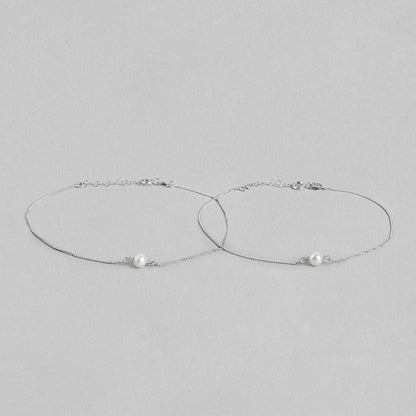 White Pearl Rhodium Plated 925 Sterling Silver Chain Anklet