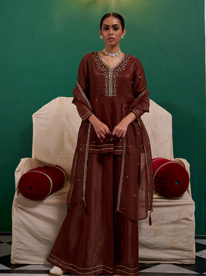 Coffee Embroidered Peplum Top with Sharara Set