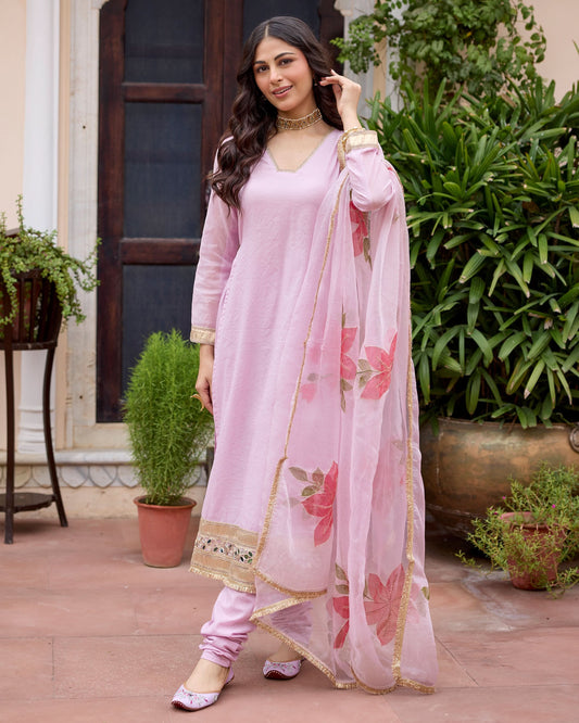 Parijat Lilac Handpainted Chanderi Suit Set