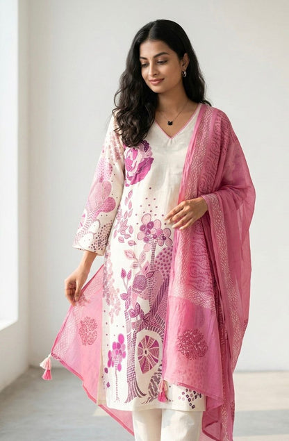 Ivory / Off-white&oft rose pink floral print  Kurti With Dupatta Set of 3 Piece For Women (Copy)