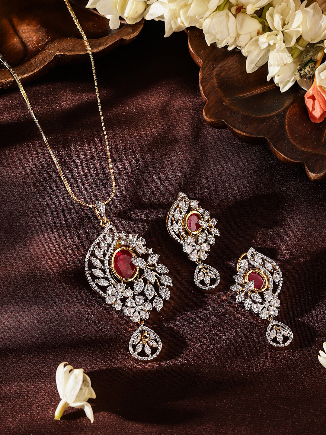 Red Stoned American Diamond Floral Pendant Gold Plated Drop Earrings Jewellery Set
