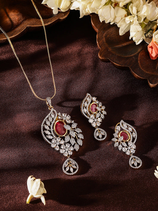 Red Stoned American Diamond Floral Pendant Gold Plated Drop Earrings Jewellery Set