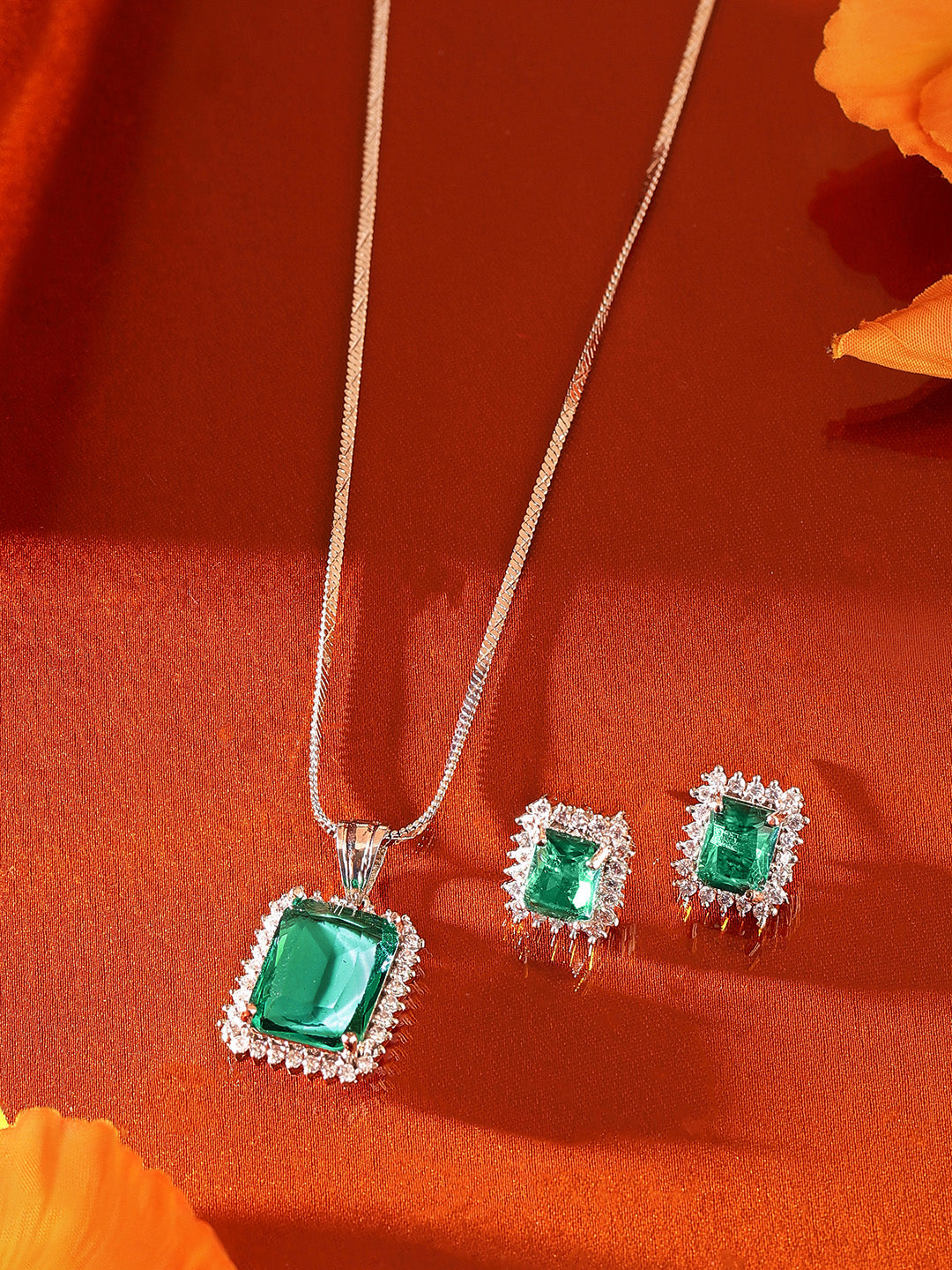 Mint Stoned Goemetric Elegance American Diamond Pendant Stud Earrings Jewellery Set