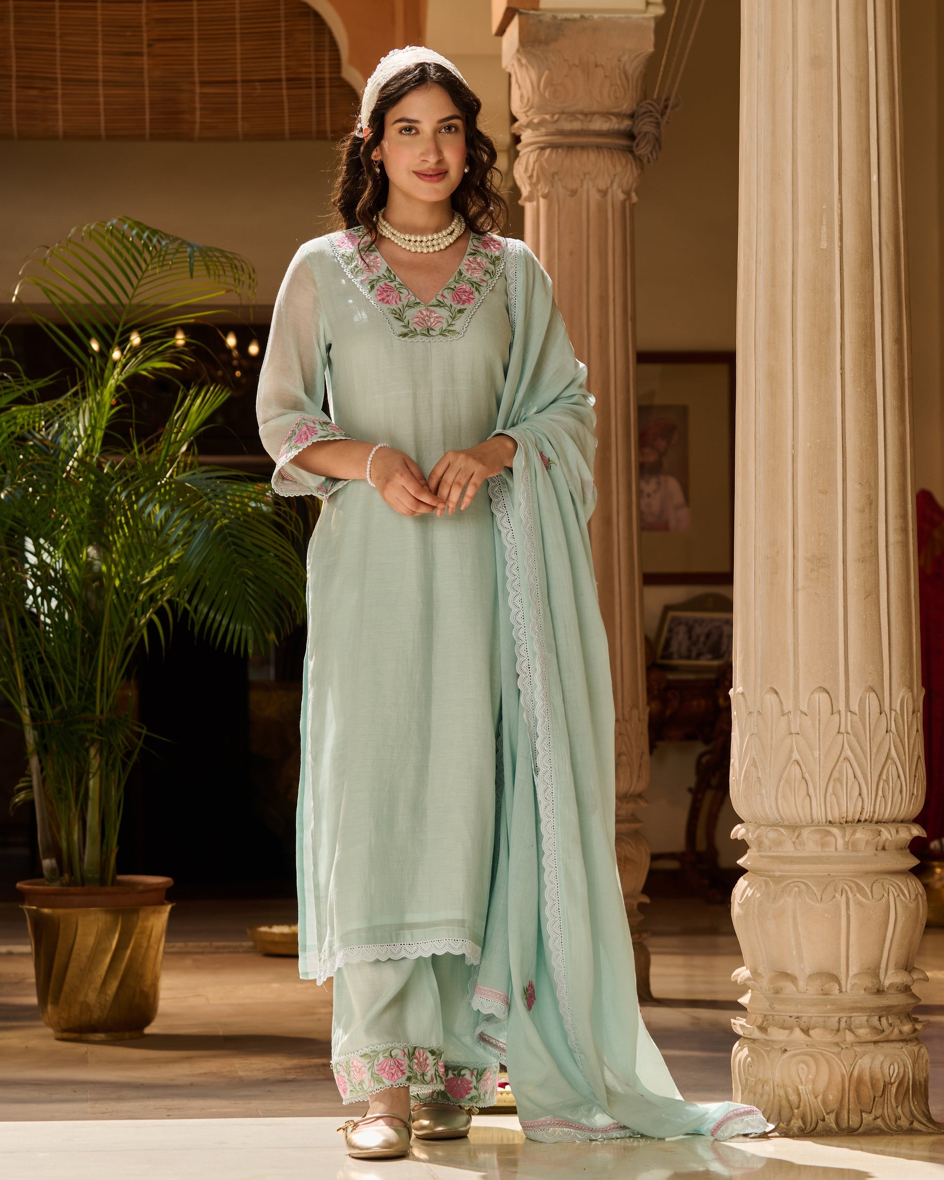 Neer Blue Embroidered Chanderi Suit Set