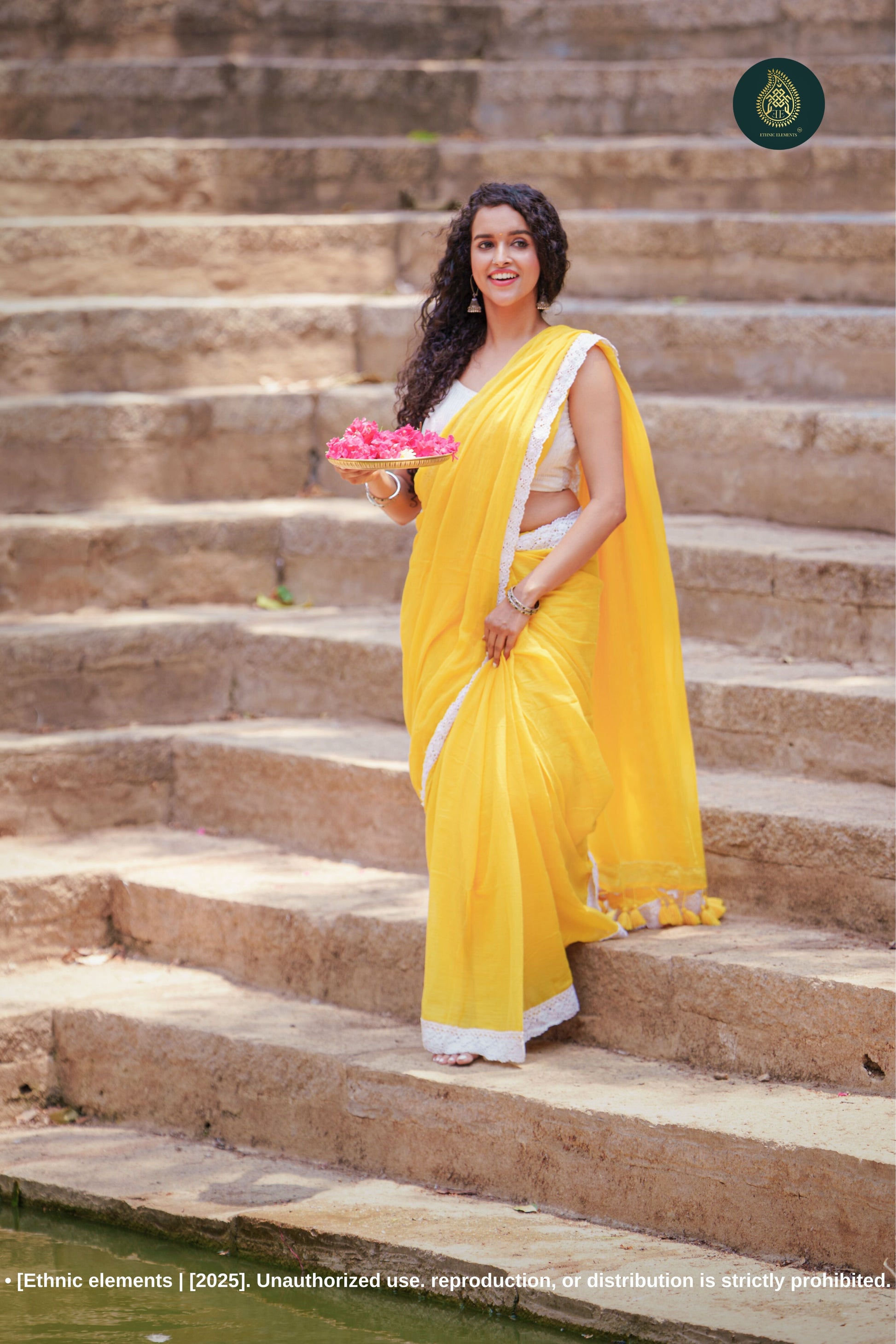 Sunlit Bloom: Yellow Mul Cotton Saree With Crochet Border
