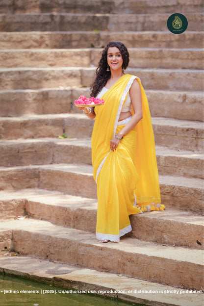 Sunlit Bloom: Yellow Mul Cotton Saree With Crochet Border