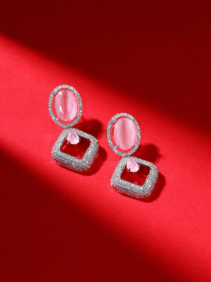Priyaasi Pink Stone AD Geometrical Silver Plating Stylish Drop Earrings