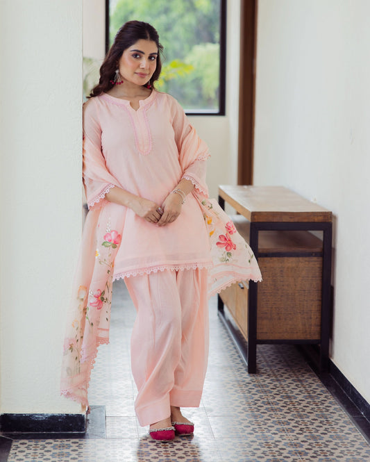 Milky Peach Handpainted Chanderi Suit Set