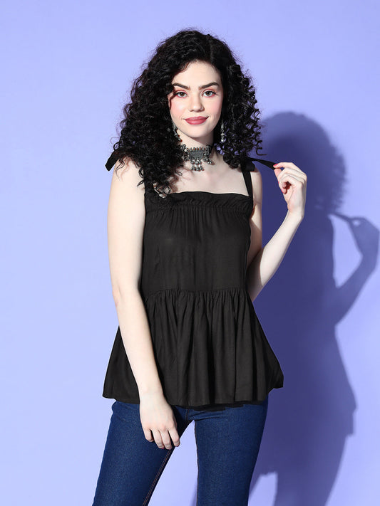 Black Shoulder Tie-Up Top
