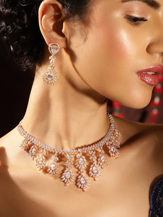 American Diamond Floral Pattern Gold Plated Necklace Drop Earrings Jewellery Set