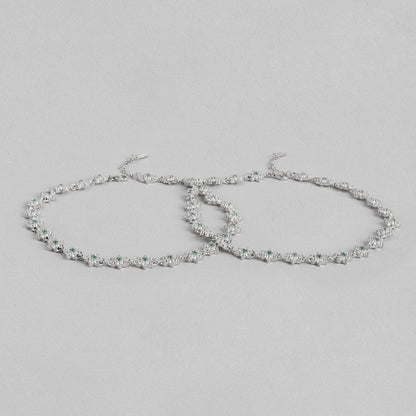 Women's floral 925 Sterling Silver anklet pair with green CZ stones. Elegant fine jewellery – Zavya