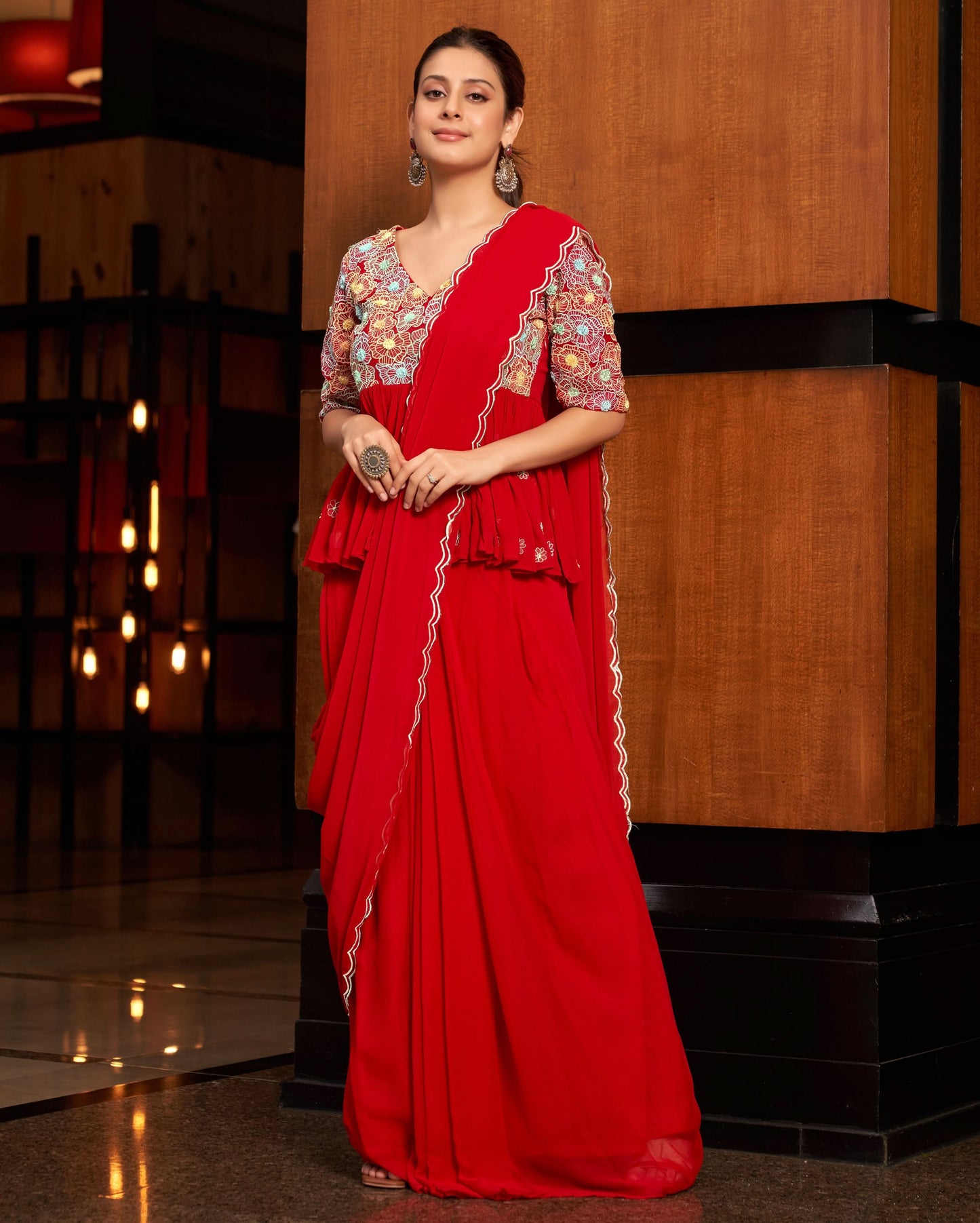 Phool Red Embroidered Georgette Pre Draped Saree