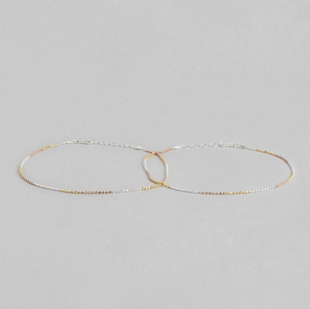 Elegant Triple Tone 925 Sterling Silver Beaded Chain Anklet