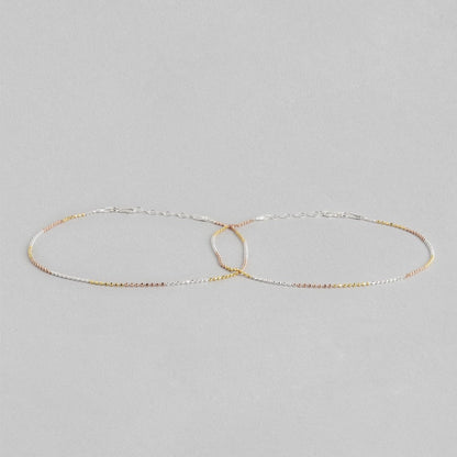 Elegant Triple Tone 925 Sterling Silver Beaded Chain Anklet