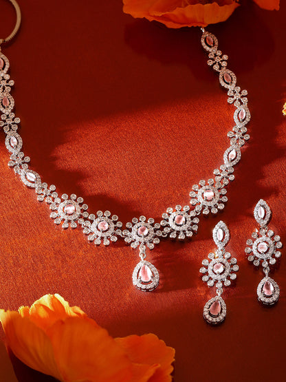 Pink Stoned American Diamond Silver Plated Necklace and Floral Drop Earrings Jewellery Set