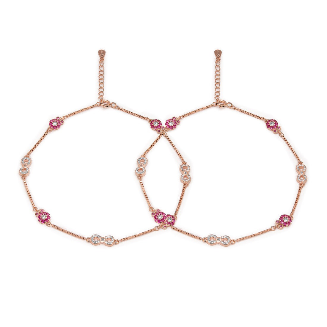 Rose gold plated 925 Sterling Silver anklet for women with CZ infinity and pink floral charms – Zavya