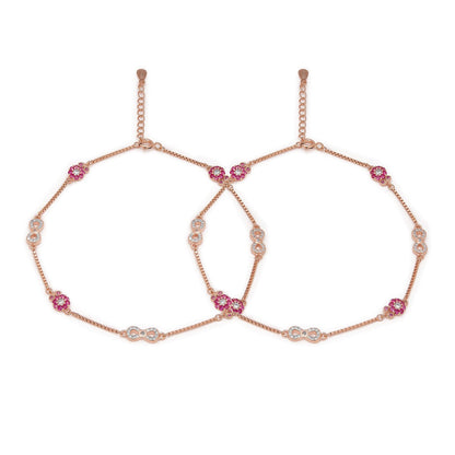 Rose gold plated 925 Sterling Silver anklet for women with CZ infinity and pink floral charms – Zavya