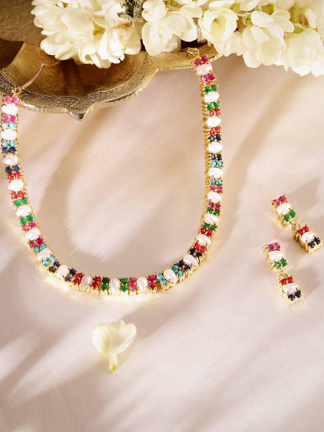 MultiStoned Pearl Elegant Style Gold Plated Necklace Drop Earrings Jewellery Set