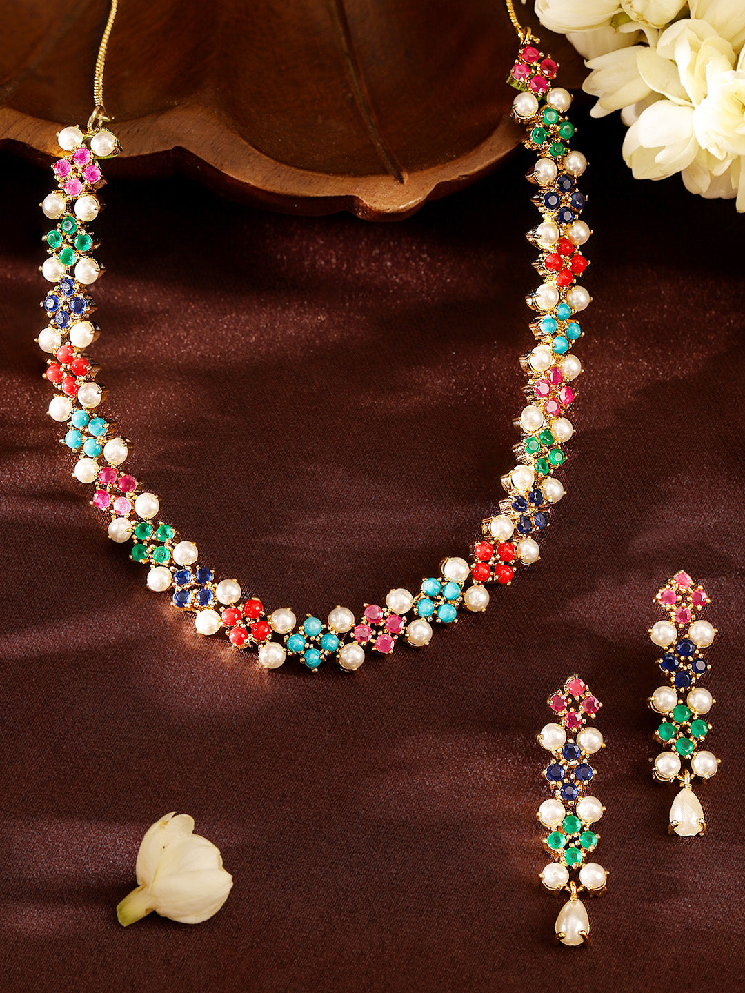 Multicolor Stones and Pearl Combo Floral Necklace Gold Plated and Drop Earrings Jewellery Set