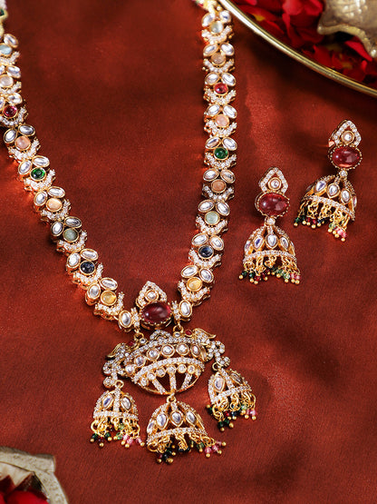 American Diamond Multicolor Statement Gold Plated Necklace and Jhumkis Jewellery Set