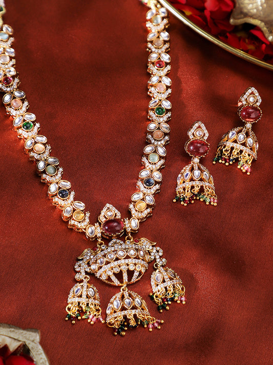 American Diamond Multicolor Statement Gold Plated Necklace and Jhumkis Jewellery Set