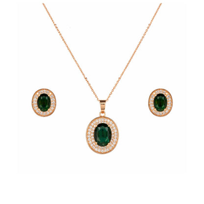 Rose Gold Green Oval Necklace Set for Women And Girls