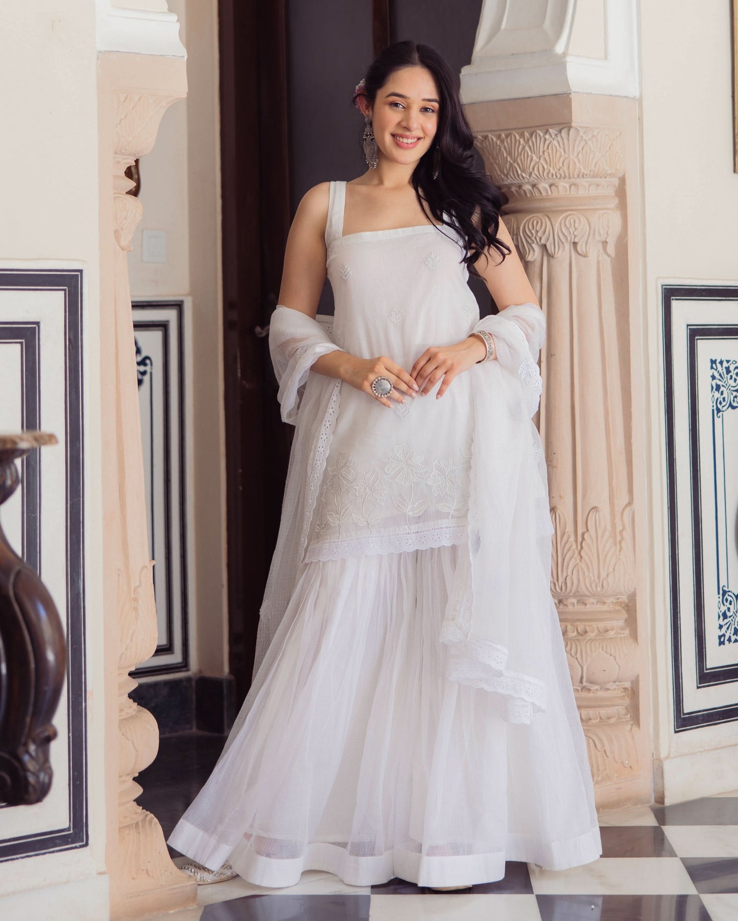 Gleaming White Embroidered Doria Sharara Set