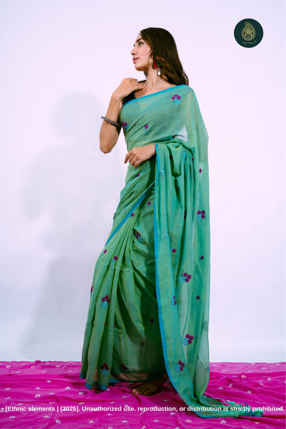 Gulzar - Mul Mul Cotton Solid Saree - Teal Mist