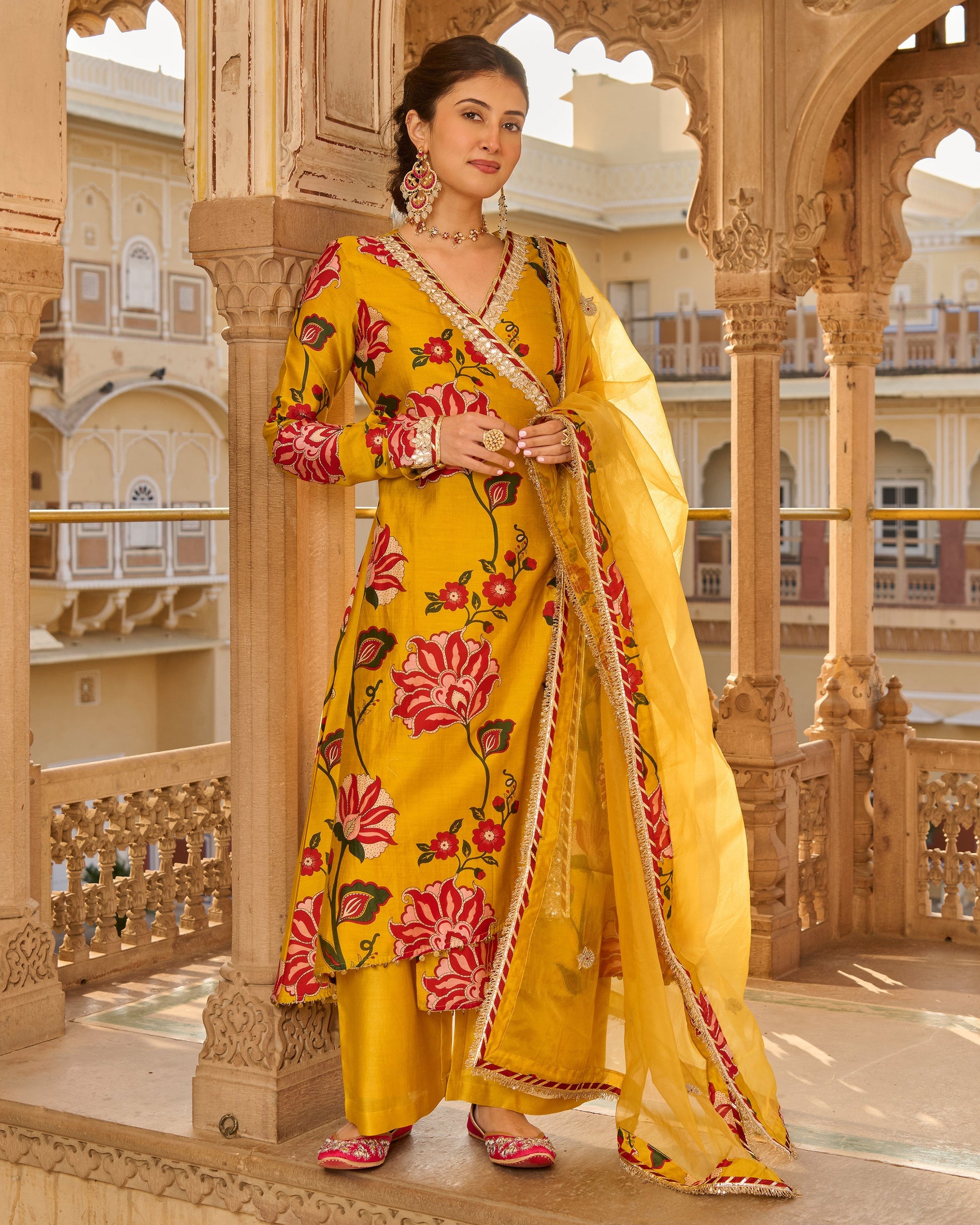 Sana Mustard Printed Chanderi Suit Set
