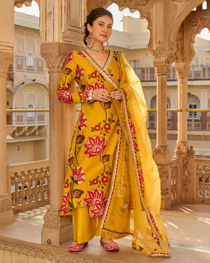 Sana Mustard Printed Chanderi Suit Set