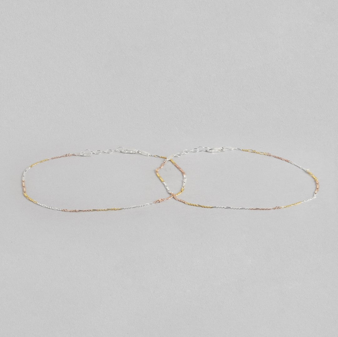 Minimal triple tone Figaro 925 Sterling Silver anklet for women. Two delicate chains linked together – Zavya