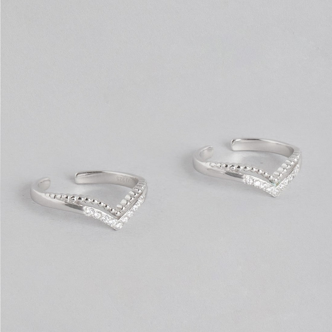 Two 925 Sterling Silver toe rings for women with a V-shaped CZ and beaded design. Silver jewellery – Zavya