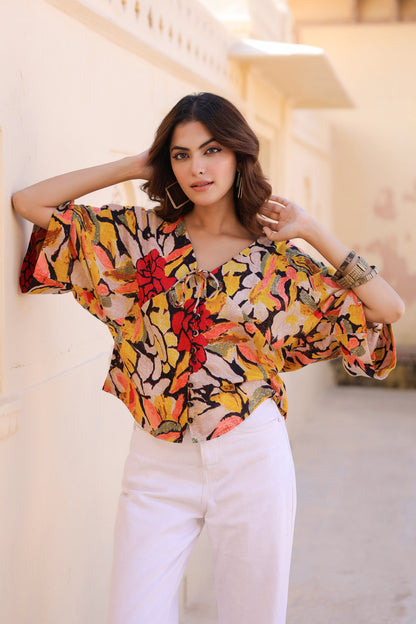 Floral Print Kimono Sleeve Kaftan Top