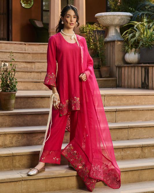 Taru Pink Embroidered Chanderi Suit Set