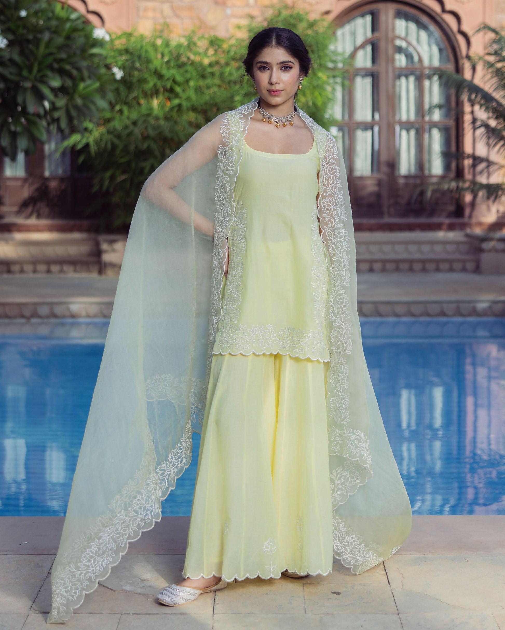 Nazakat Yellow Embroidered Cotton Sharara Set
