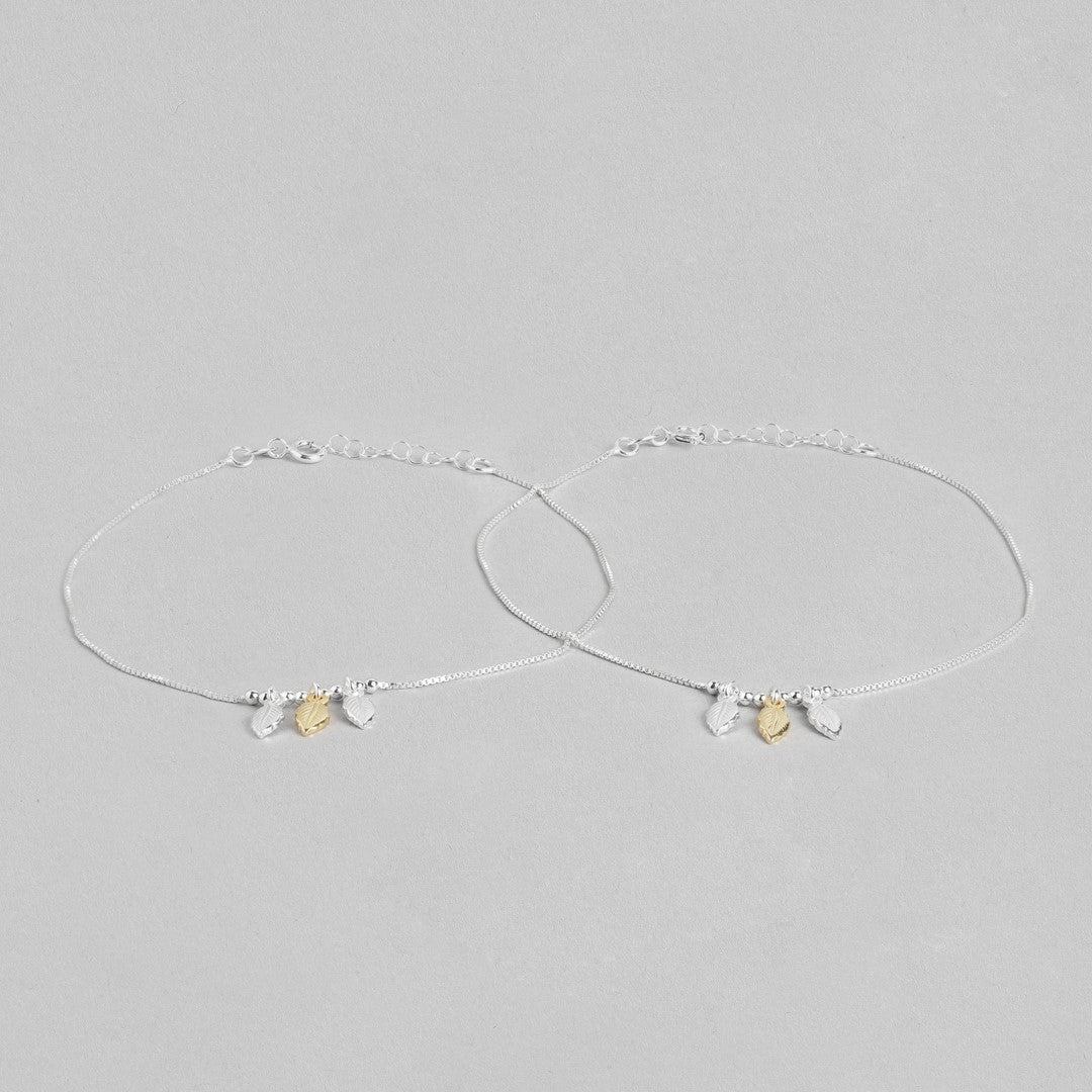 Leafy Delight Rhodium Plated 925 Sterling Silver Anklet with Leaf Pattern