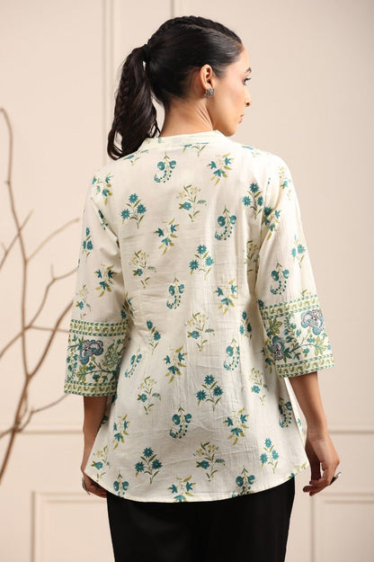 Women Cream Floral Printed Pure Cotton Top