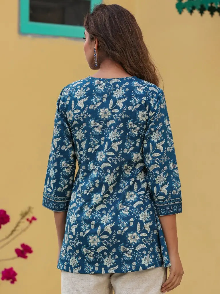 Blue Floral Printed A-line Top