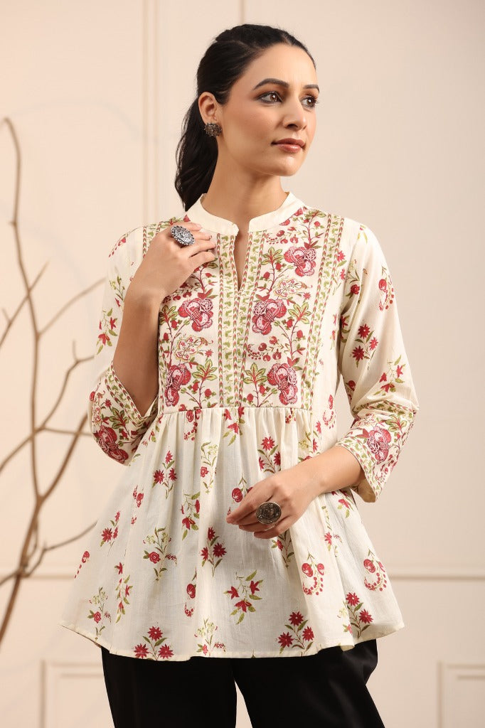 Women Cream & Coral Floral Printed Cotton Top
