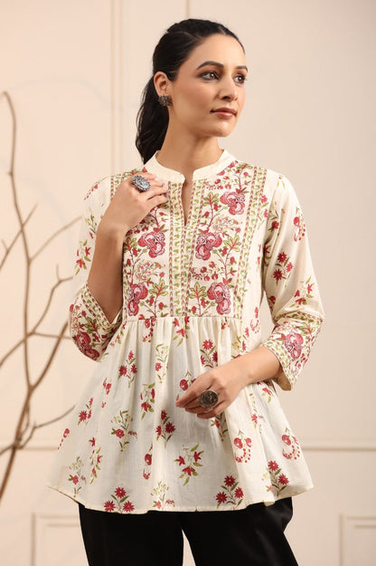 Women Cream & Coral Floral Printed Cotton Top
