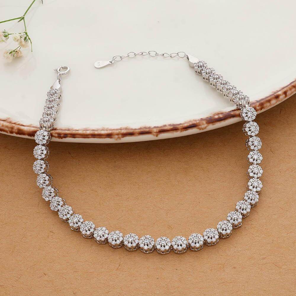 Flower Stoned Silver Anklet For Adult
