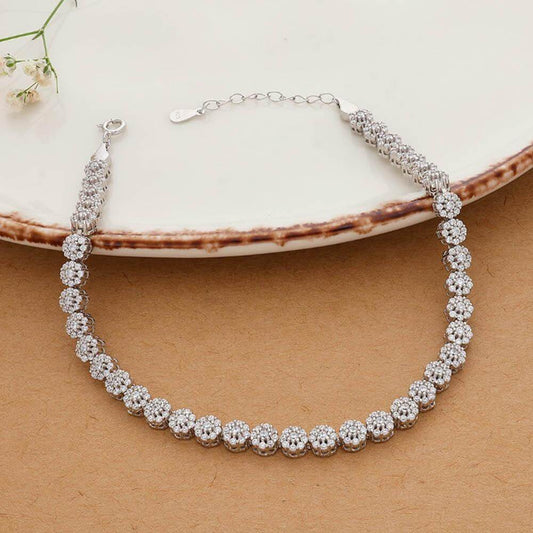 Flower Stoned Silver Anklet For Adult